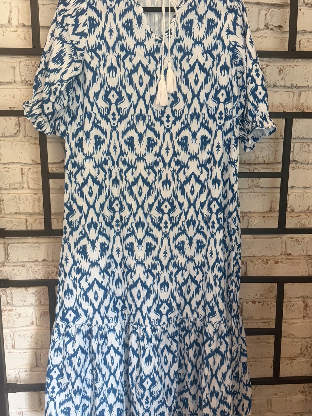 Womens Blue & White Ikat Print Dress